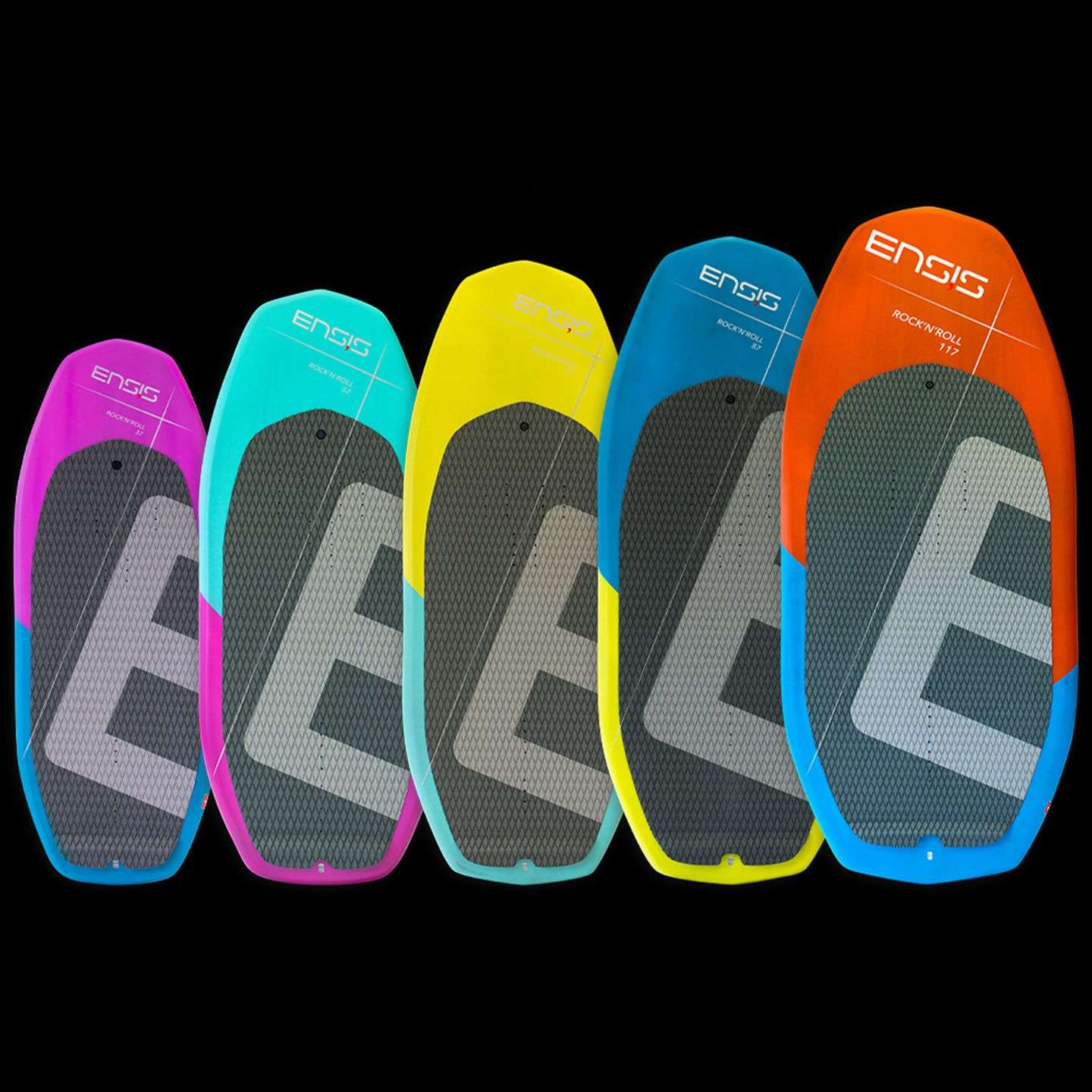 Ensis Rock N Roll Carbon Foilboard V2 foilboard deck view showing traction pad, stance area and foil mounting tracks