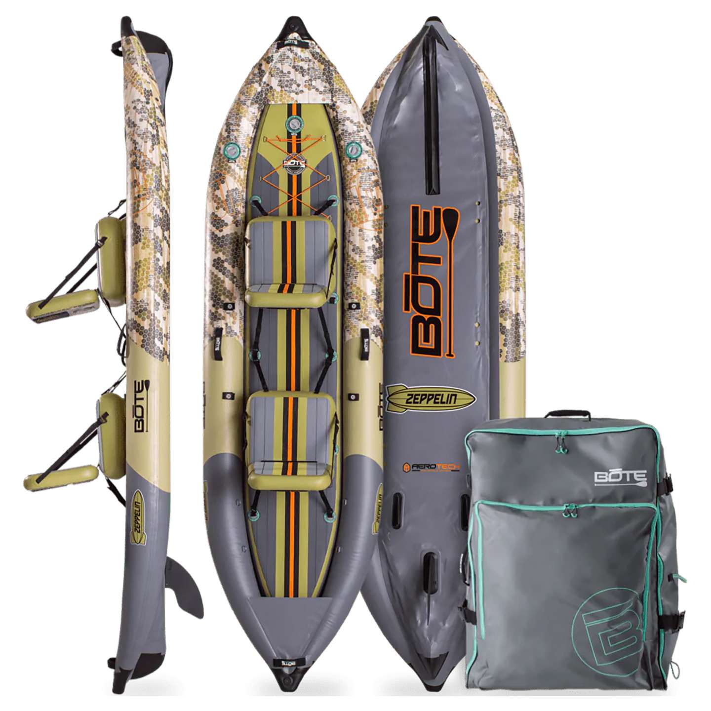 Bote Zeppelin Aero 12'6 Inflatable Kayak in Verge Camo colourway kayak cockpit view showing seat area, deck pad and storage layout
