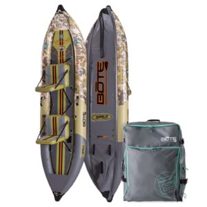 Bote Zeppelin Aero 12'6 Inflatable Kayak in Verge Camo colourway inflatable kayak detail view showing bow, side tubes and accessory mounts