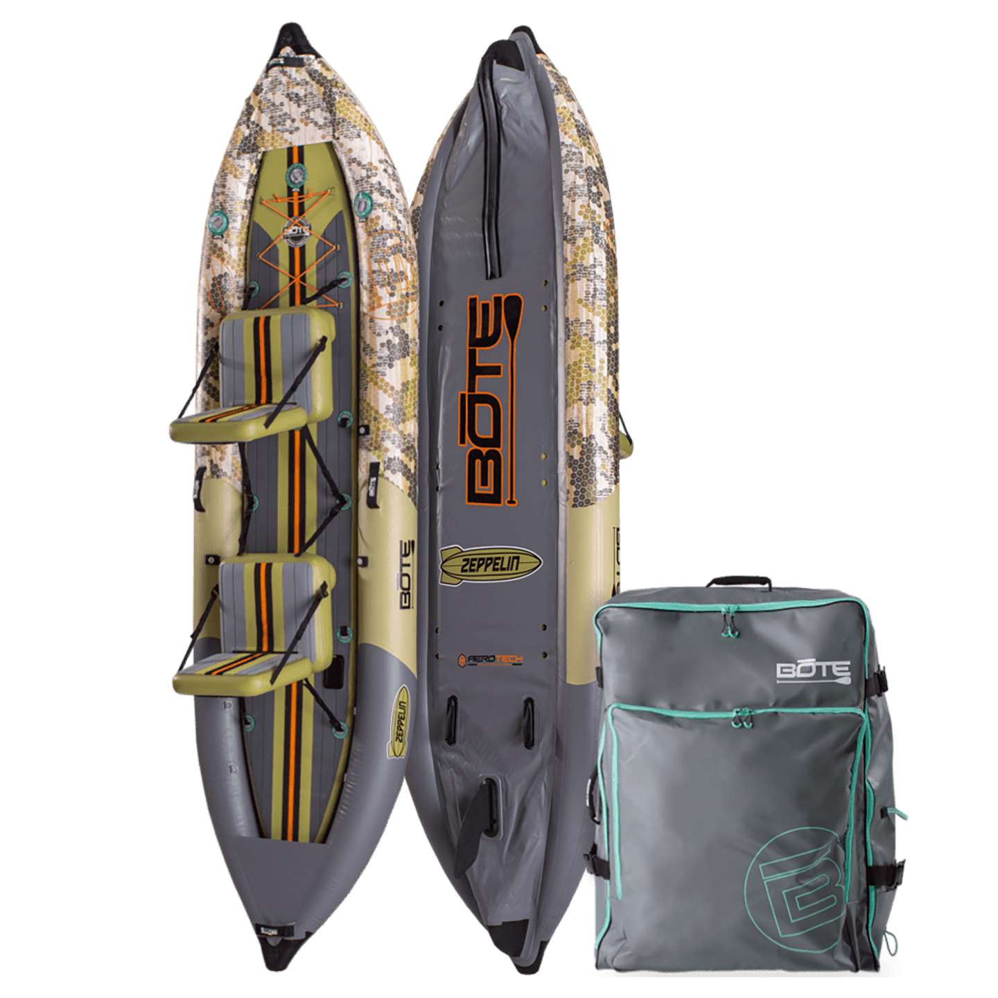 Bote Zeppelin Aero 12'6 Inflatable Kayak in Verge Camo colourway inflatable kayak detail view showing bow, side tubes and accessory mounts