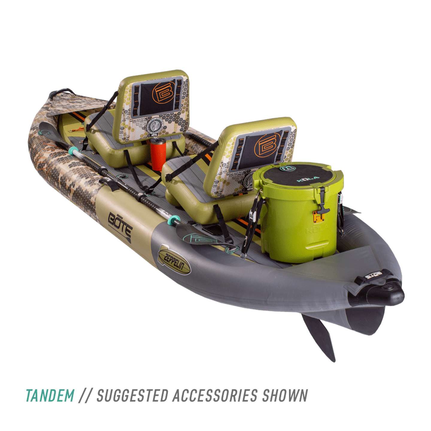 Bote Zeppelin Aero 12'6 Inflatable Kayak in Verge Camo colourway kayak lifestyle image showing stable on-water touring and recreation use
