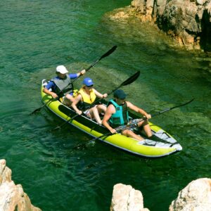 Z Pro Tango 3 man Inflatable Kayak inflatable kayak alternate lifestyle view highlighting the three-person paddling setup and stable touring shape