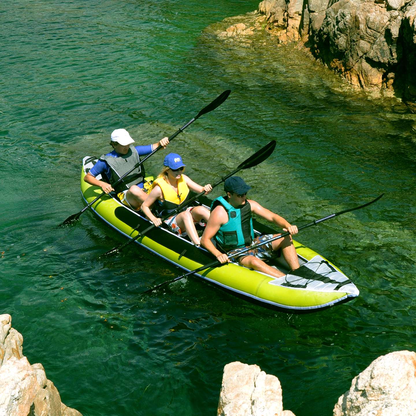 Z Pro Tango 3 man Inflatable Kayak inflatable kayak alternate lifestyle view highlighting the three-person paddling setup and stable touring shape