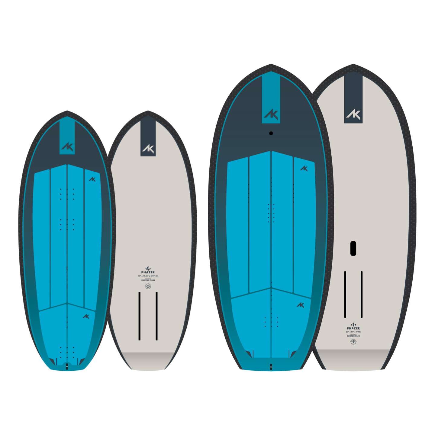 AK Phazer V2 Foil Board 2022 underside view showing the hull shape, tail profile and foil track mounting area