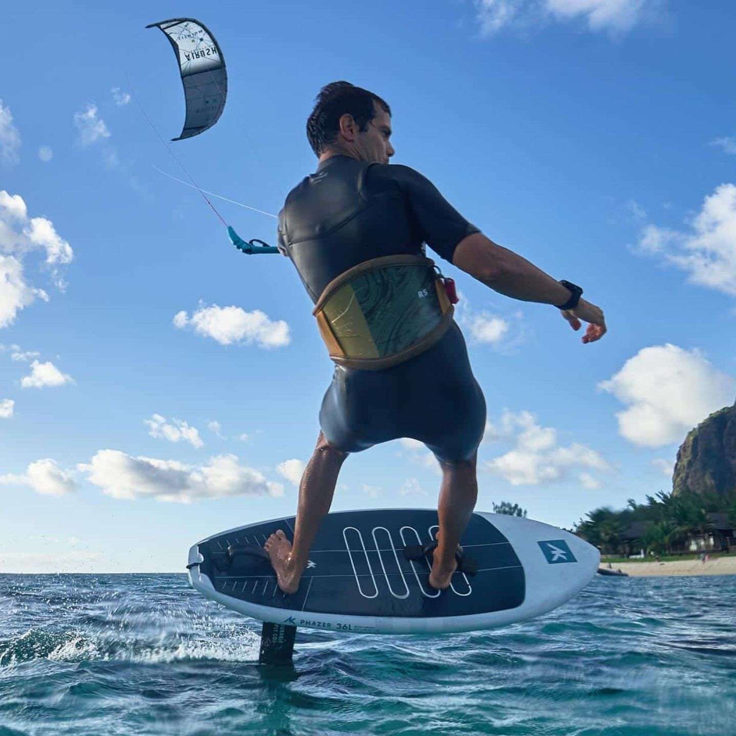 AK Phazer V4 Foil Board 2024 side profile showing board thickness, rocker line and compact foil board volume distribution
