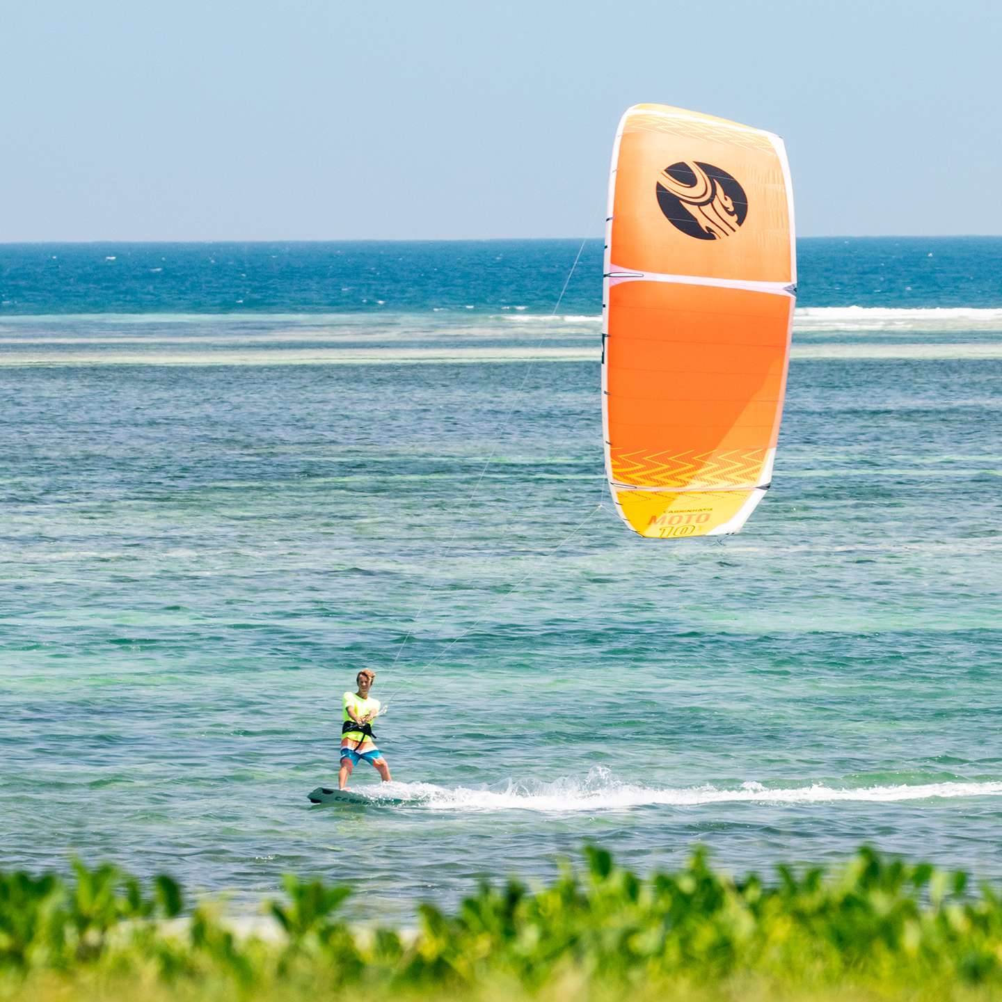 Cabrinha Moto 2021 Kite inflated kite front view showing the full canopy graphics, leading edge curve, strut placement and wingtips