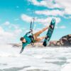 Cabrinha XCaliber Wood 2021 Kiteboard inflated kite front view showing the full canopy graphics, leading edge curve, strut placement and wingtips