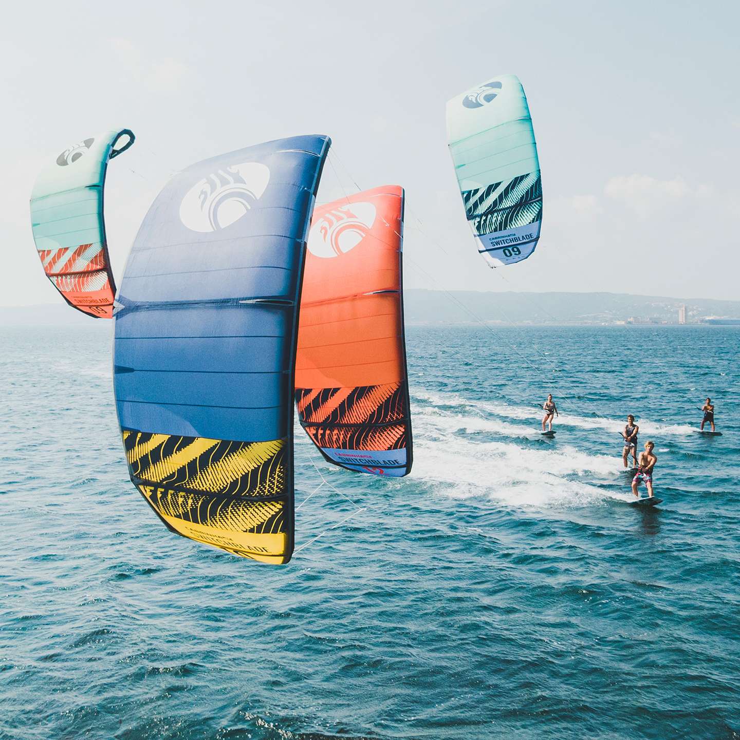 Cabrinha Switchblade 2022 Kite inflated kite front view showing the full canopy graphics, leading edge curve, strut placement and wingtips