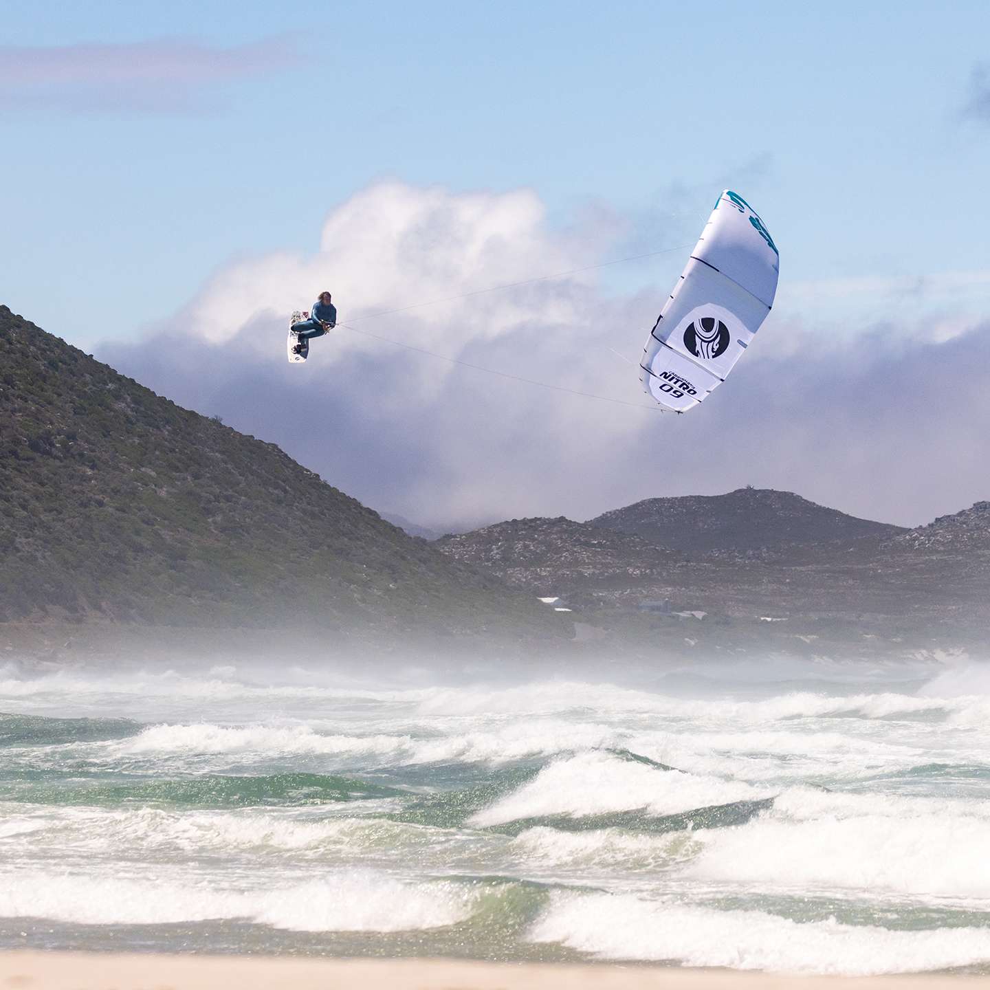 Cabrinha Nitro Apex 2023 Kite inflated kite front view showing the full canopy graphics, leading edge curve, strut placement and wingtips