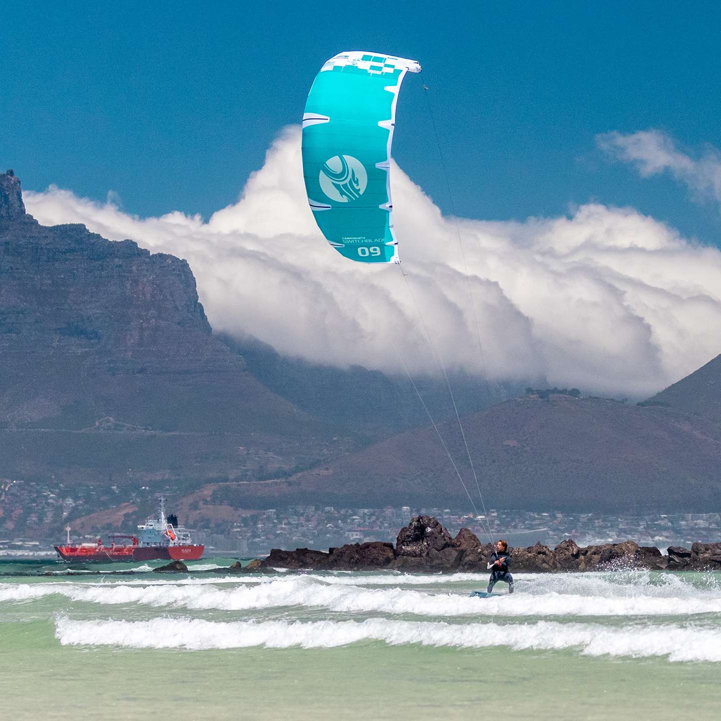 Cabrinha Switchblade 2023 Kite inflated kite front view showing the full canopy graphics, leading edge curve, strut placement and wingtips