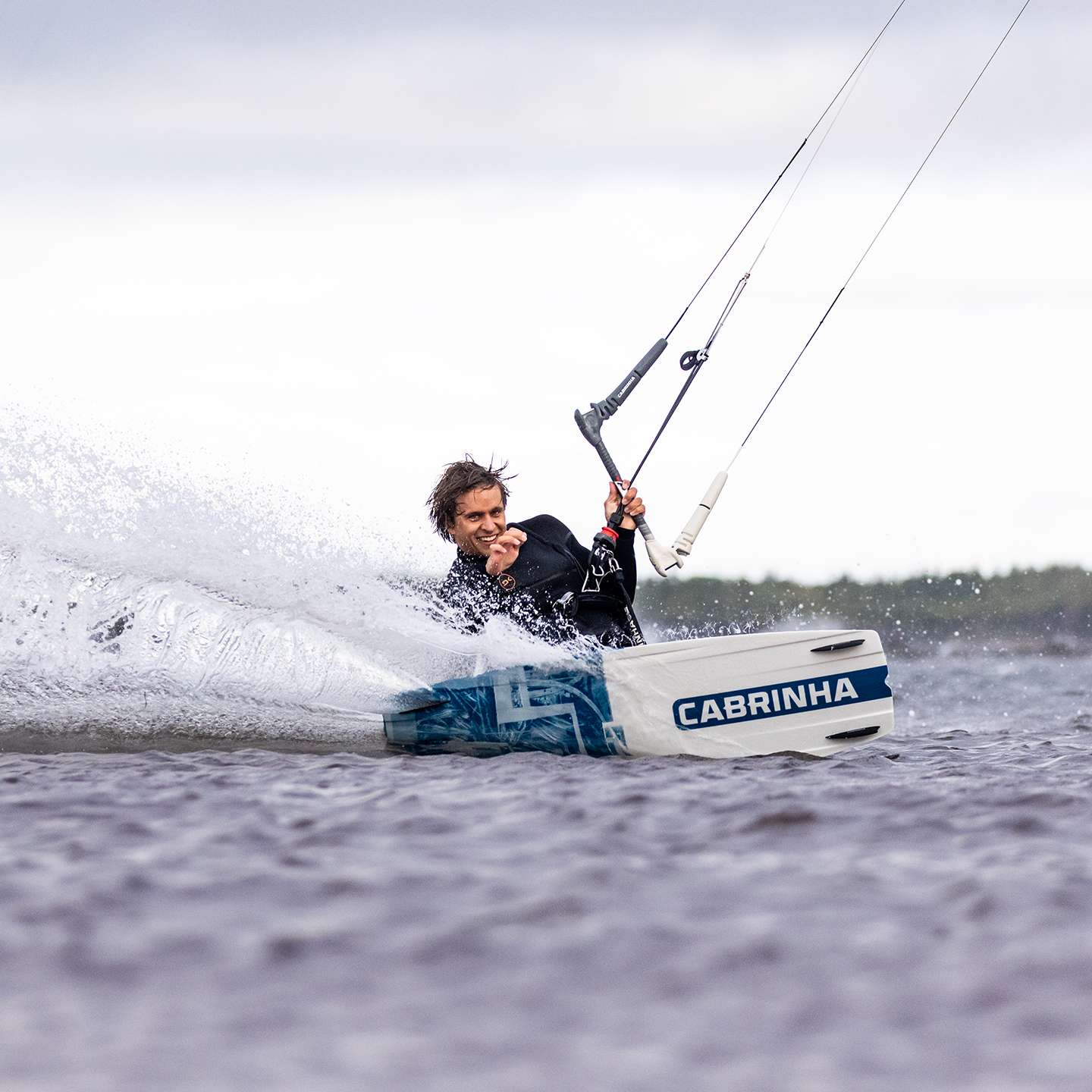 Cabrinha XCaliber Wood 2024 Kiteboard inflated kite front view showing the full canopy graphics, leading edge curve, strut placement and wingtips