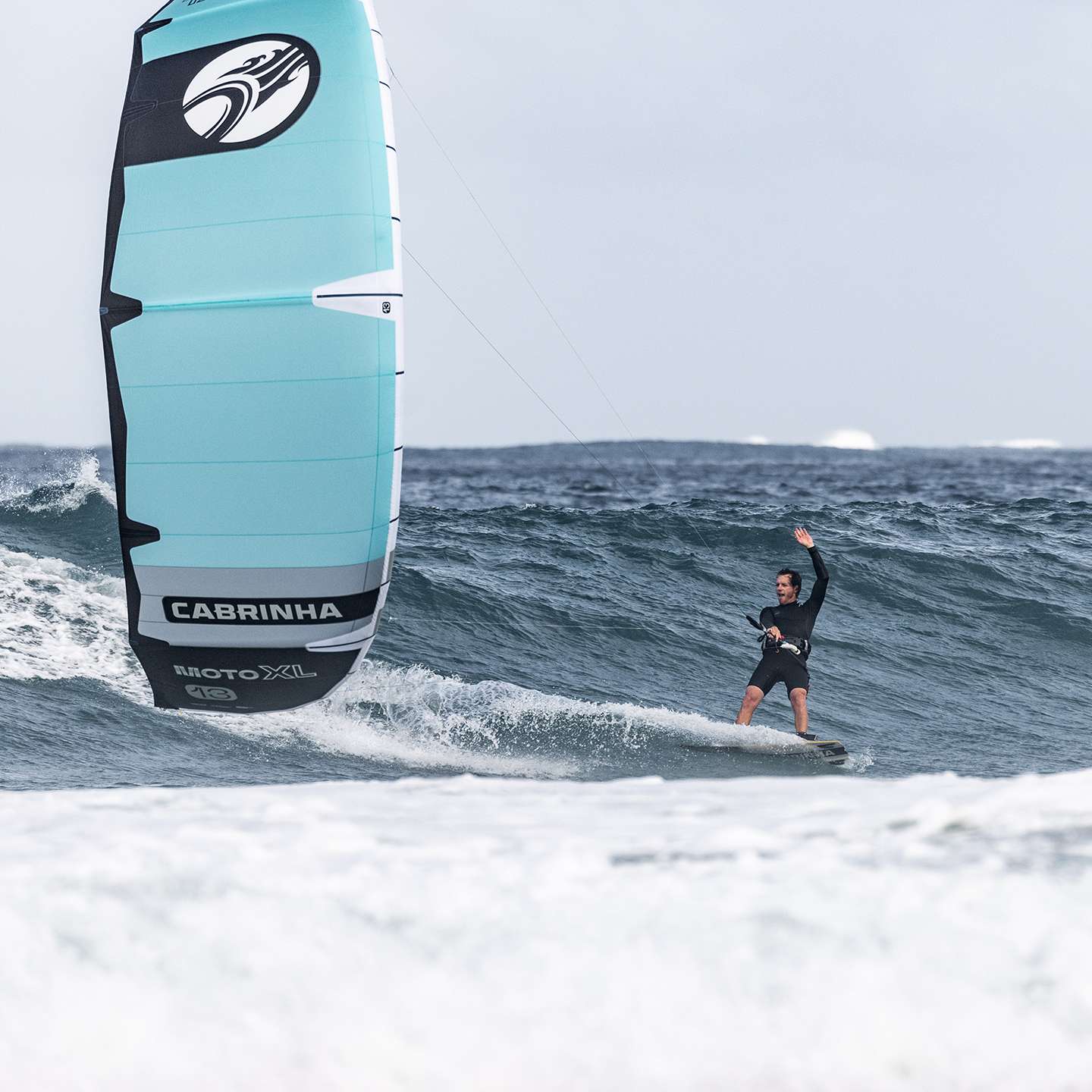 Cabrinha Moto XL Apex 2025 Kite inflated kite front view showing the full canopy graphics, leading edge curve, strut placement and wingtips
