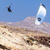 Cabrinha Moto X Design Works 2024 Kite inflated kite front view showing the full canopy graphics, leading edge curve, strut placement and wingtips