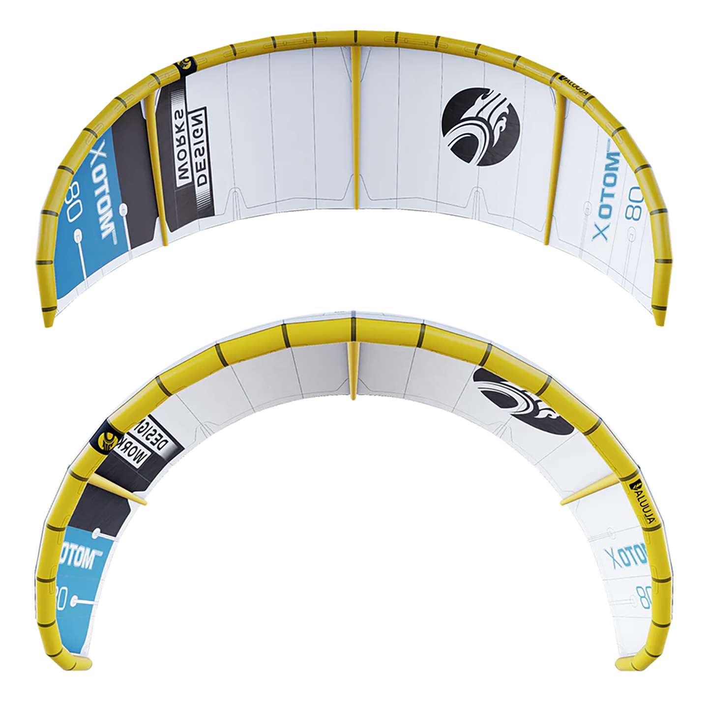 Cabrinha Moto X Design Works 2024 Kite close-up detail of the kite canopy panels, reinforced leading edge, bridle points and stitching construction