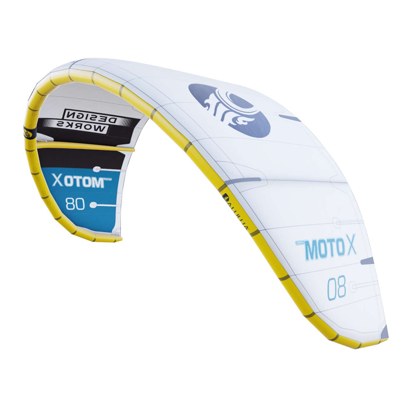 Cabrinha Moto X Design Works 2024 Kite profile view showing the inflated kite arc, swept wingtips, strut depth and aerodynamic canopy shape