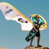 Cabrinha Moto X Design Works 2024 Kite action image with the kite flying above the water, showing canopy shape, stability and on-water kitesurf performance