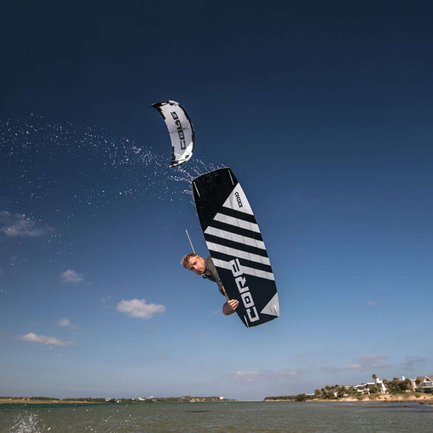Core Choice 4 Kiteboard deck view showing graphics, stance area and footstrap inserts