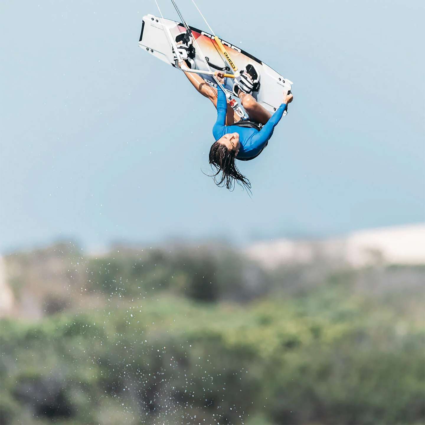 Core Fusion 7 Kiteboard base view showing underside graphic, channels and fin setup