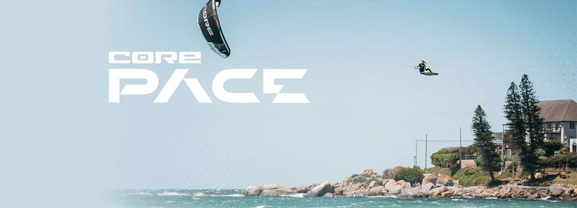 Core Pace kite banner with a kitesurfing doing a massive jump