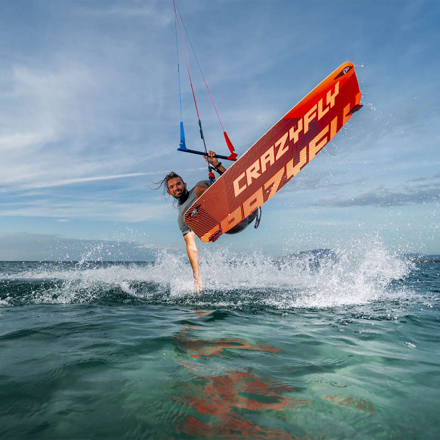 Crazyfly Raptor Extreme 2025 Kiteboard deck view highlighting the top graphics and stance area