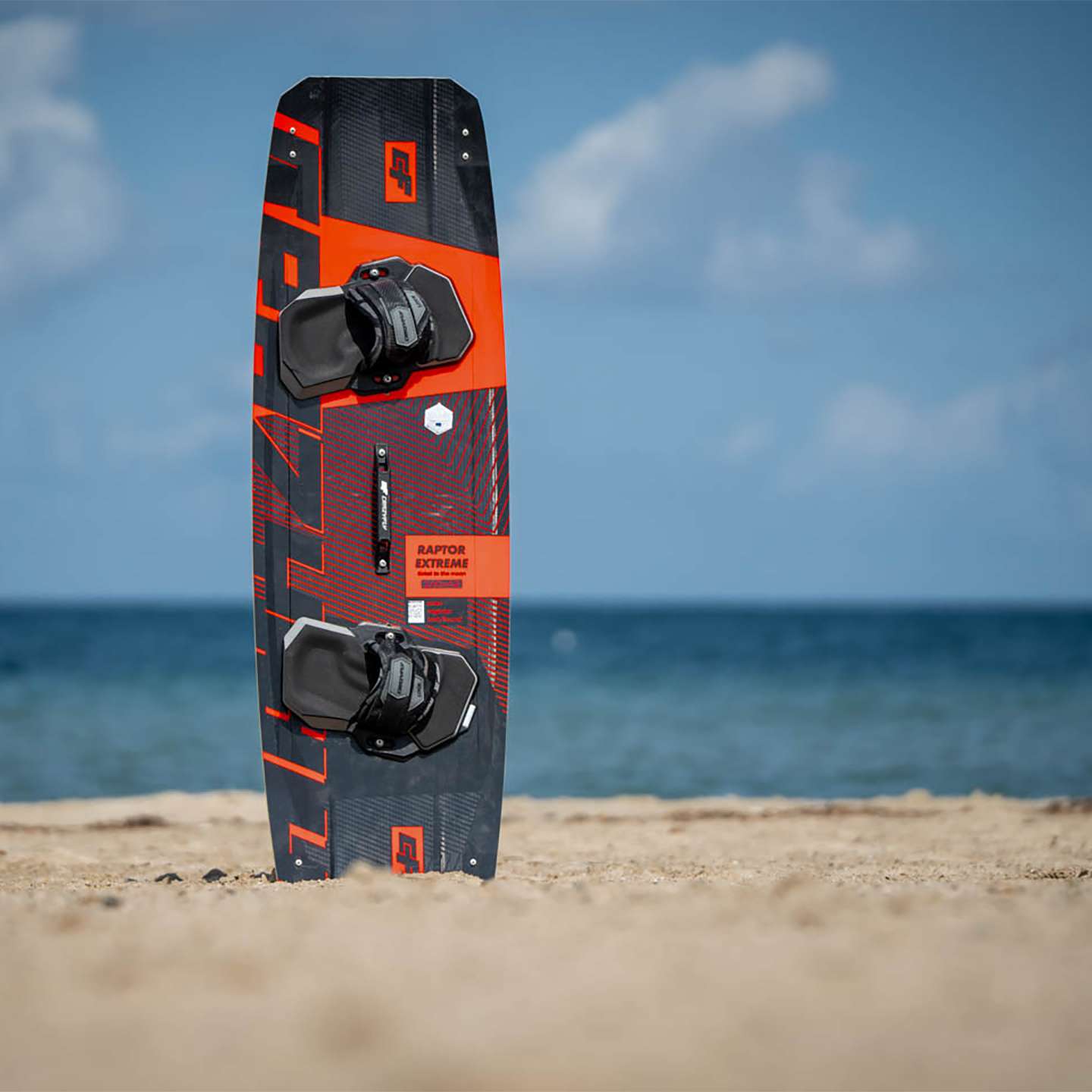 Crazyfly Raptor Extreme 2025 Kiteboard base view showing the underside graphics and board shape