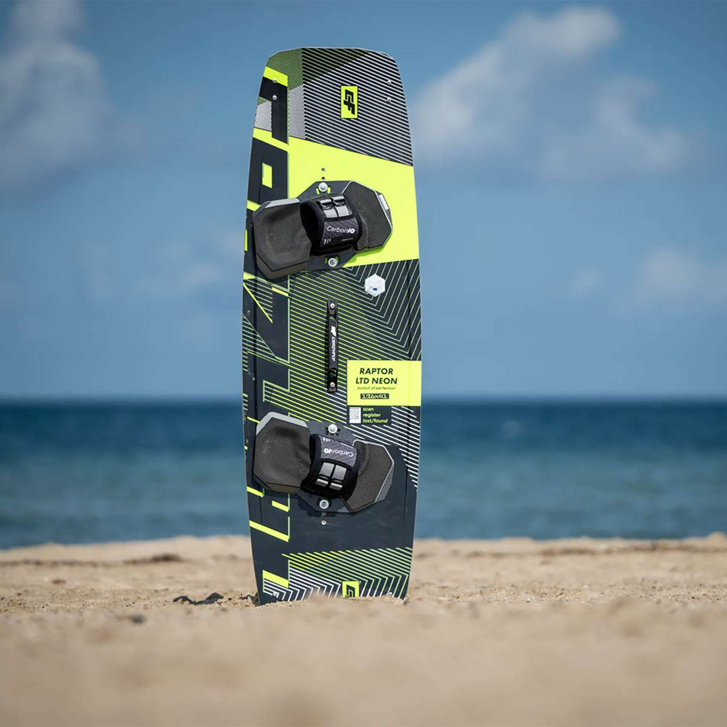 Crazyfly Raptor Ltd Neon 2025 Kiteboard base view showing the underside graphics and board shape