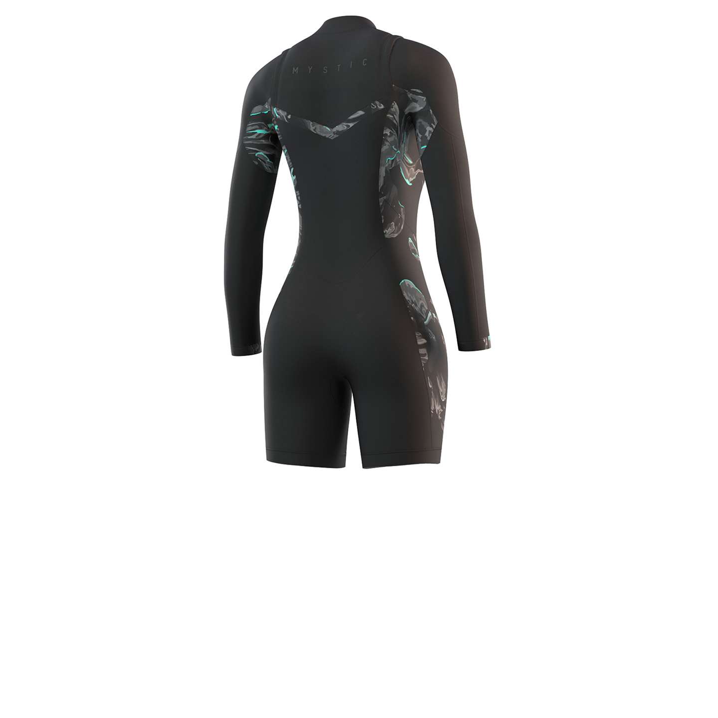 Mystic Womens Dazzled 3/2 LA Shorty Wetsuit 2021 in colour 900 back view showing zip and panel layout