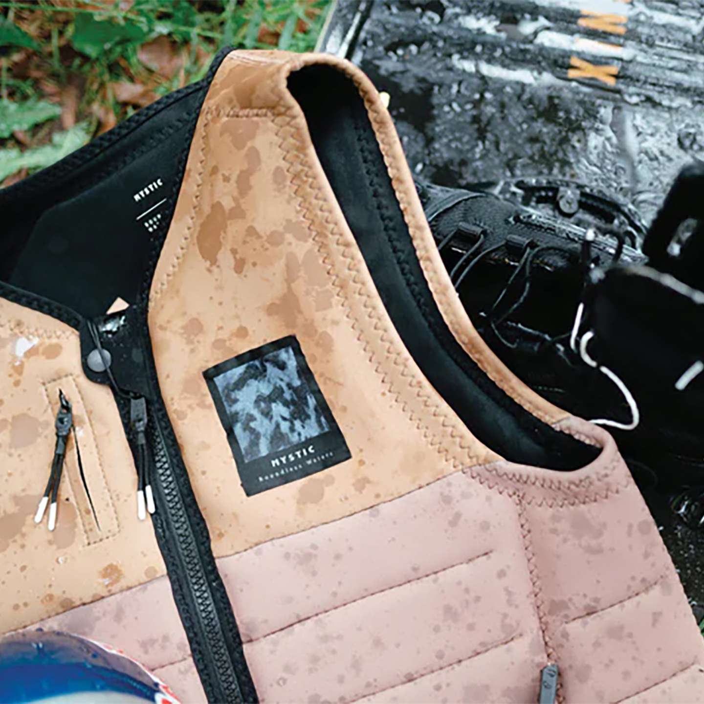 Mystic The Dom FZ Wake Impact Vest 2024 lifestyle view showing vest fit for watersports
