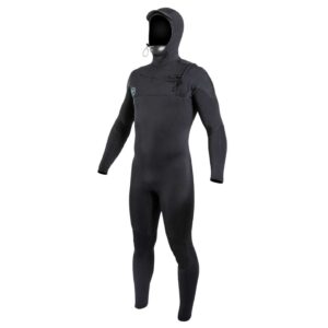 Ride Engine Onsen 5/4/3 FZ Hooded Wetsuit 2023 front studio view showing neoprene panels and seams