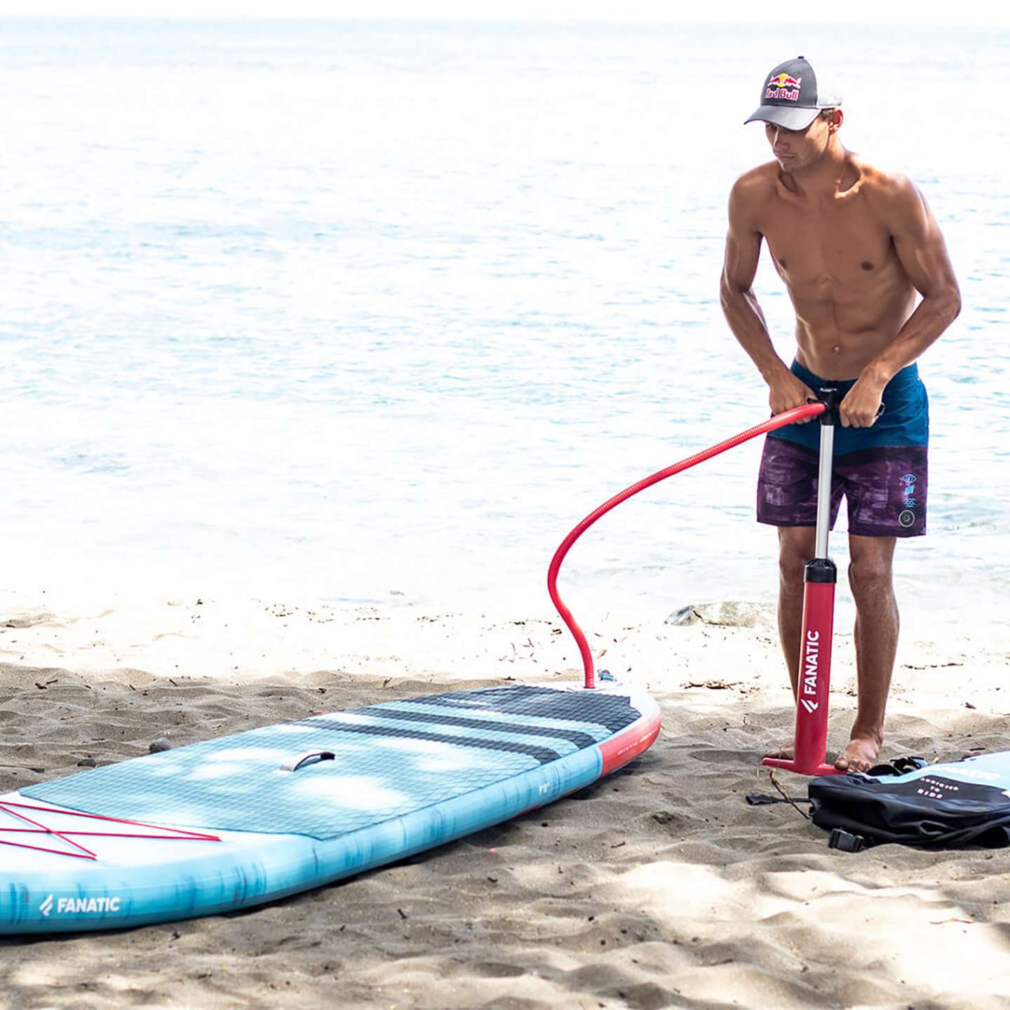 Fanatic Fly Air 2023 10'4 Inflatable SUP, deck view showing pad and fittings
