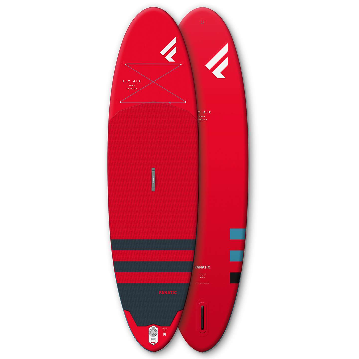 Fanatic Fly Air Red 2023 10'8 Inflatable SUP, bottom view showing inflatable board shape