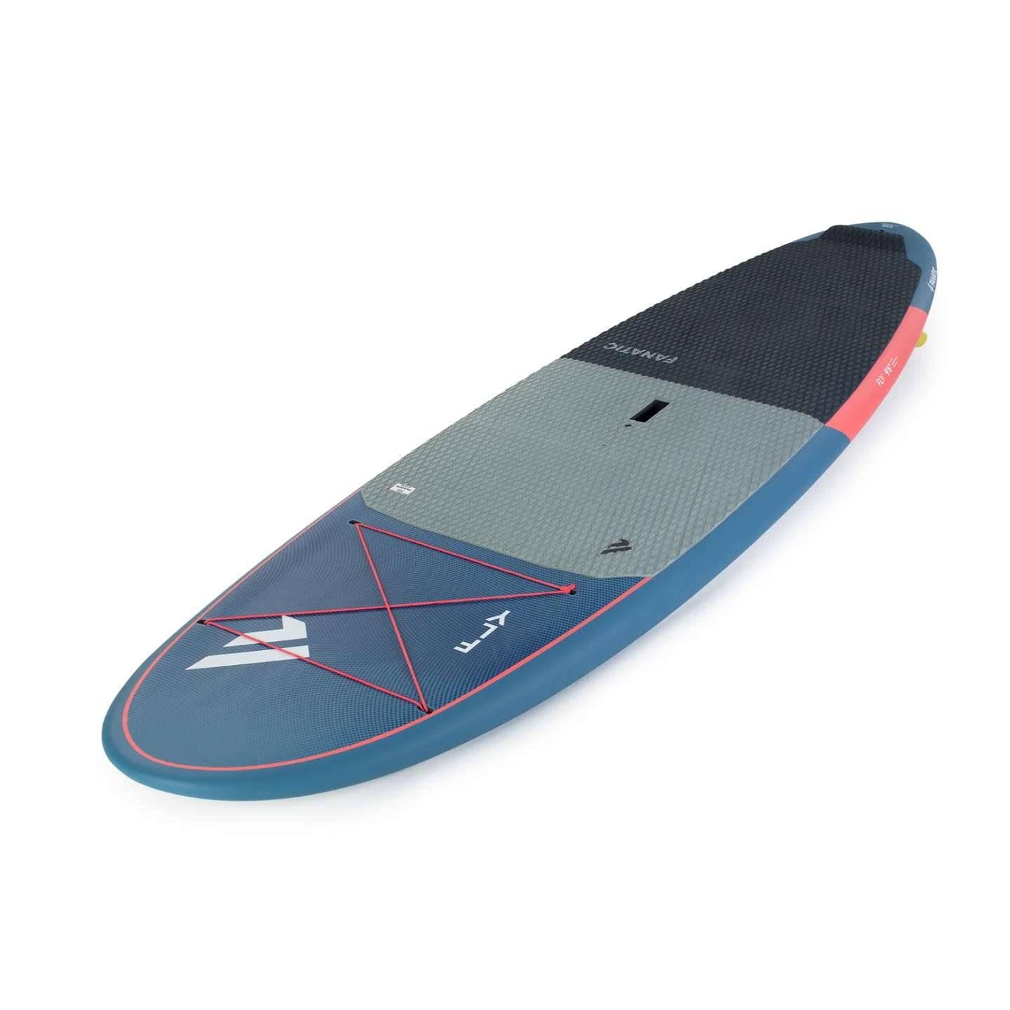 Fanatic Fly SUP Board 2023, bottom view showing hull and fin setup