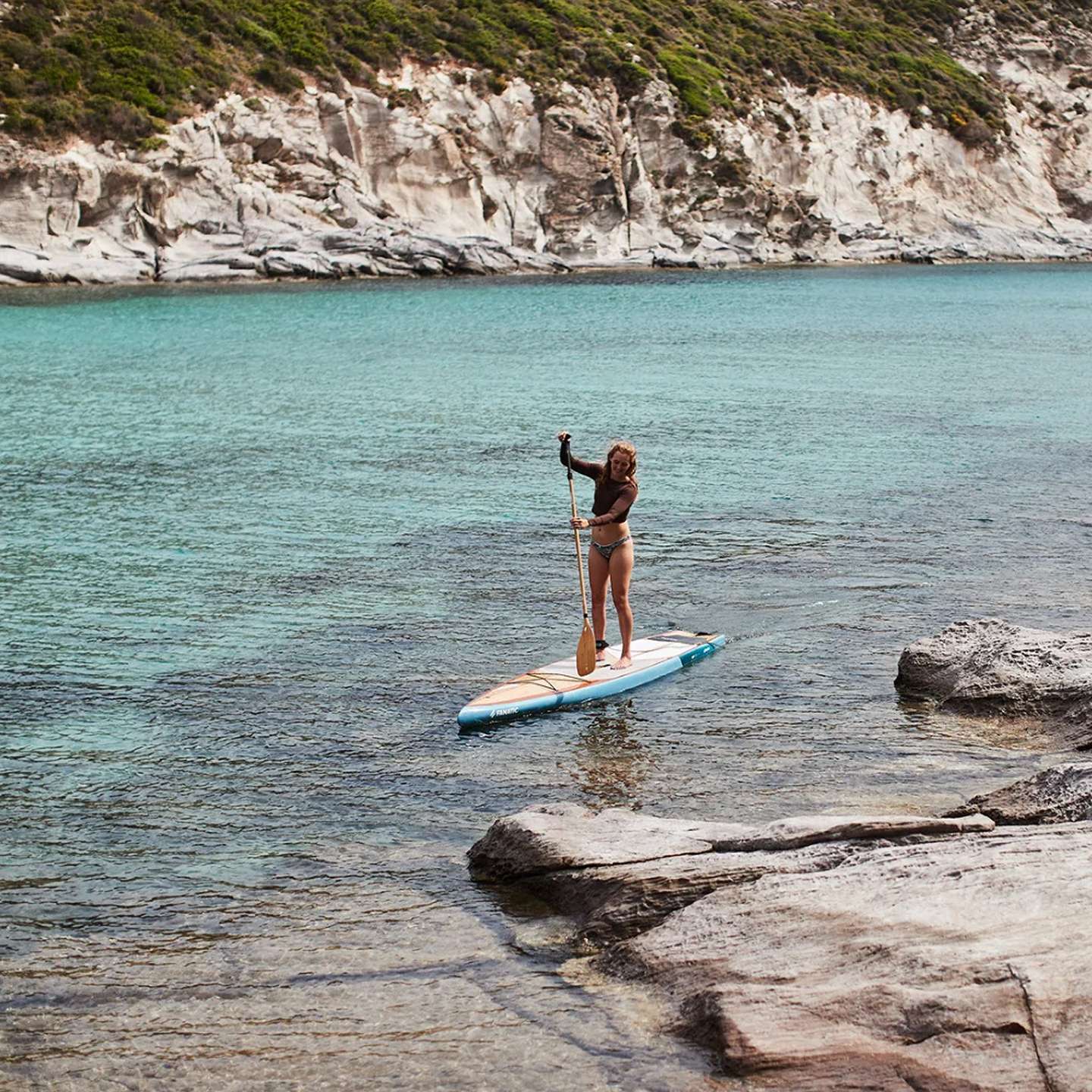 Fanatic Ray Bamboo SUP Board 2023 with bamboo construction, deck view showing shape and pad