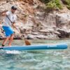 Fanatic Ray Bamboo SUP Board 2023 with bamboo construction, bottom view showing hull and fin setup