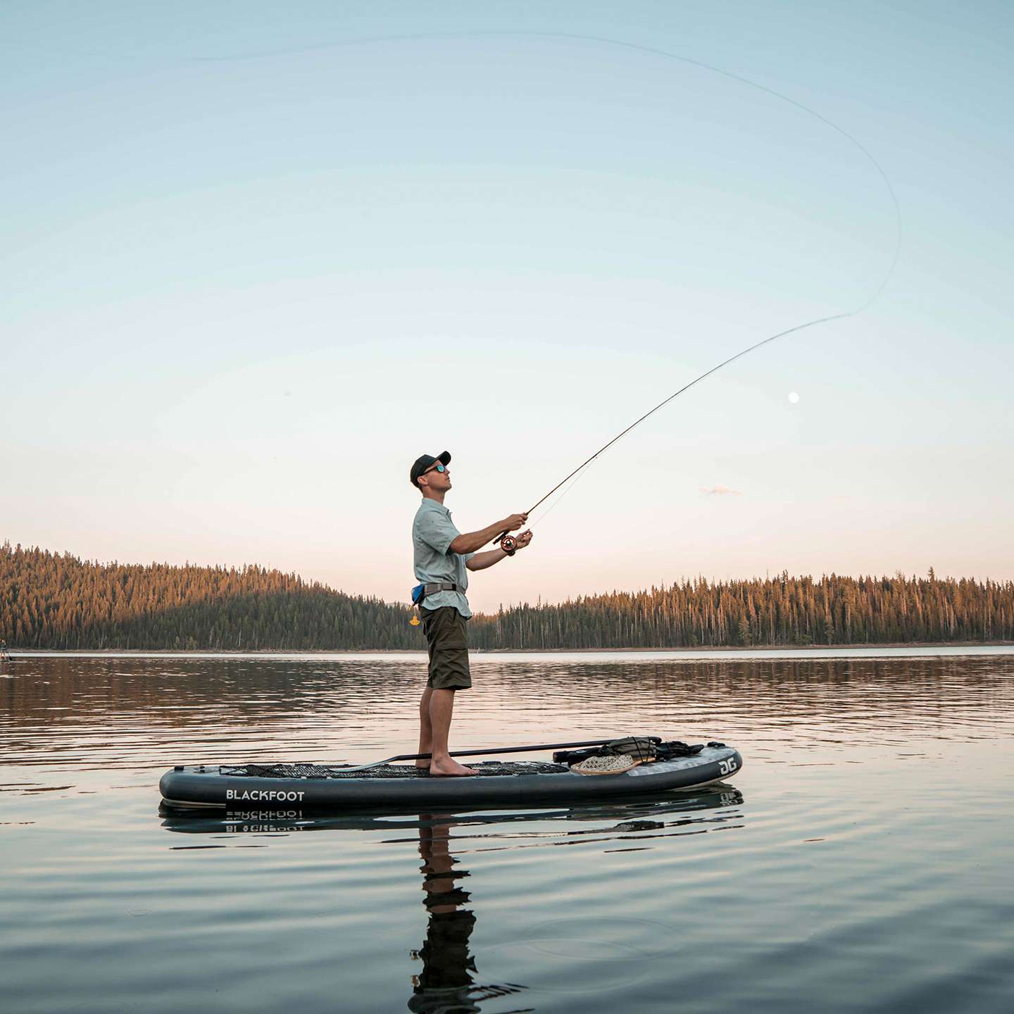 Aquaglide Blackfoot Angler 11'0 Inflatable SUP inflatable SUP side profile showing board thickness, fishing deck layout and stable touring shape
