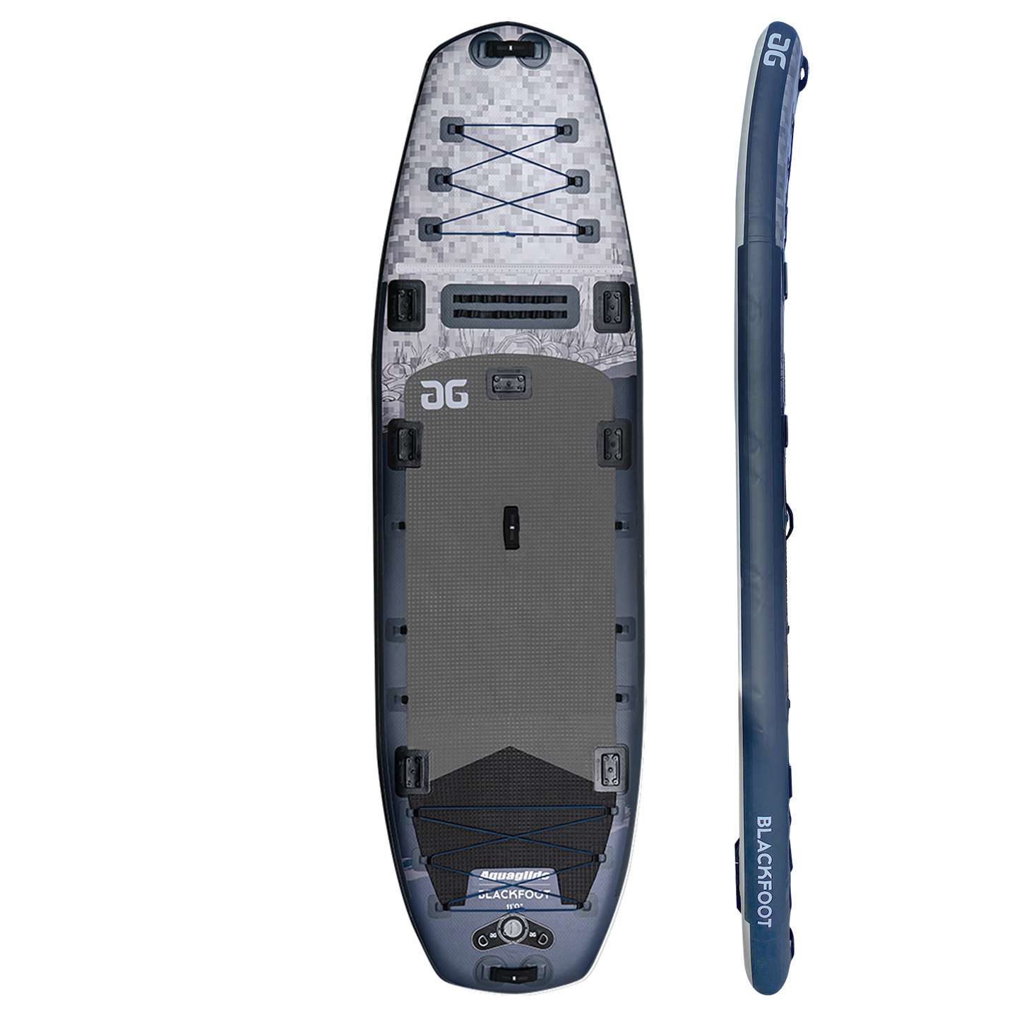 Aquaglide Blackfoot Angler 11'0 Inflatable SUP inflatable SUP deck detail showing traction pad, tie-down points and accessory mounting areas