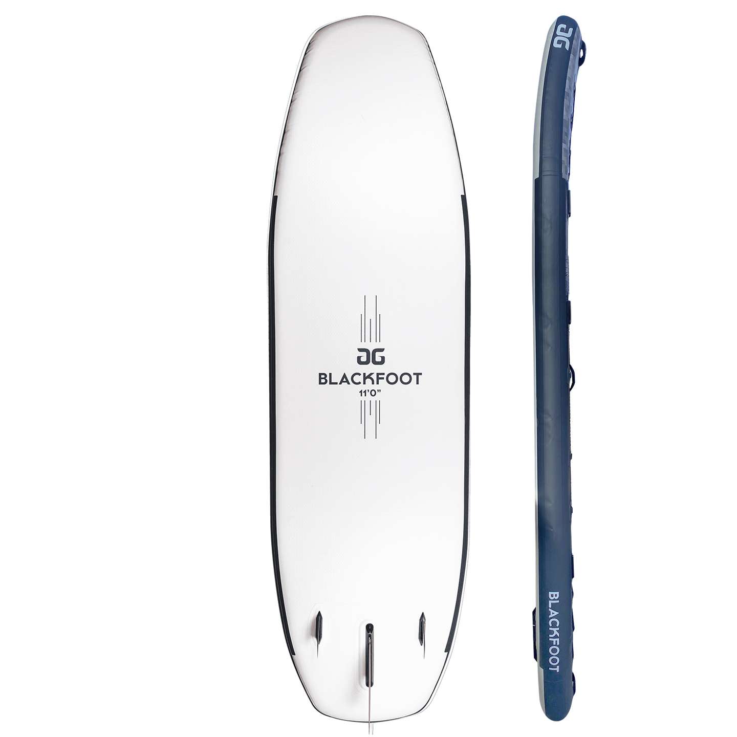Aquaglide Blackfoot Angler 11'0 Inflatable SUP inflatable SUP underside view showing fin box, hull outline and reinforced rail construction