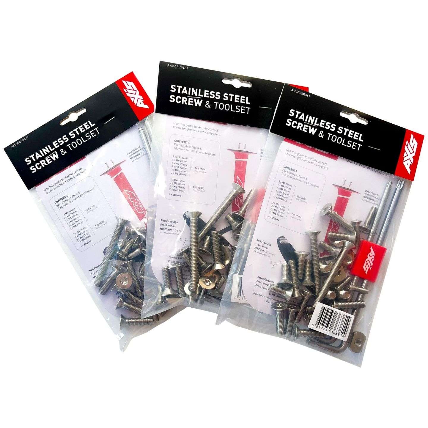 Axis Stainless Screw and Tool Set close-up of screws, washers and included tool hardware