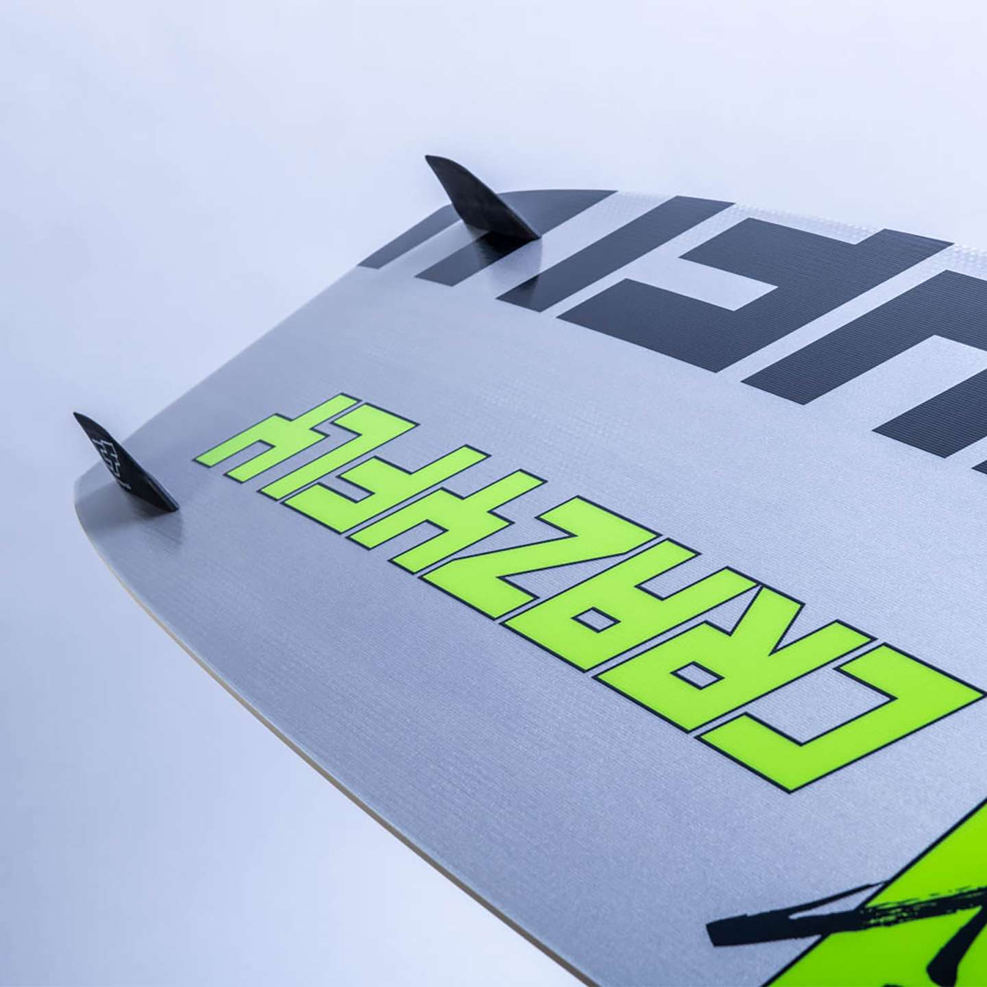 Crazyfly Acton 2026 Kiteboard base view showing the underside graphics and board shape