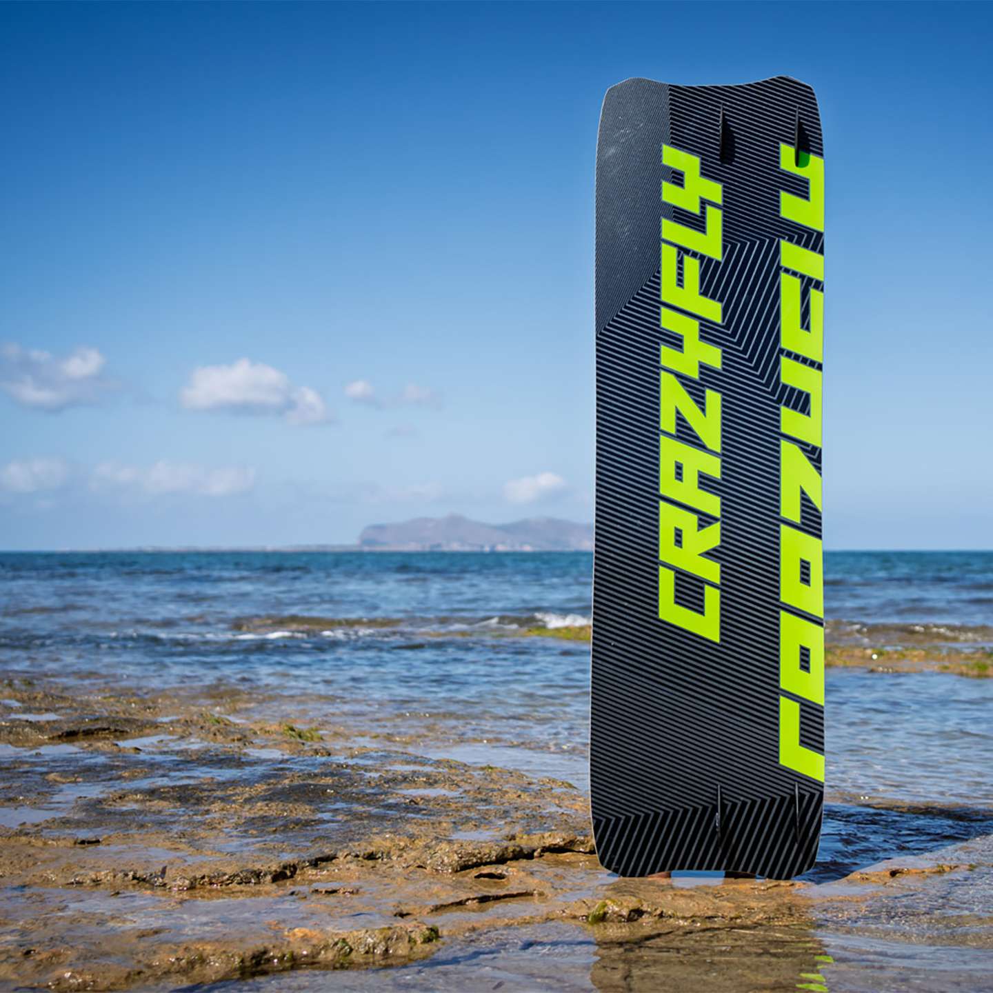 Crazyfly Cruiser LW 2026 Kiteboard base view showing the underside graphics and board shape