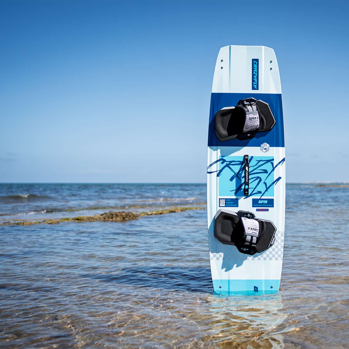 Crazyfly Raptor 2026 Kiteboard base view showing the underside graphics and board shape
