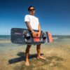 Crazyfly Raptor Extreme 2026 Kiteboard base view showing the underside graphics and board shape