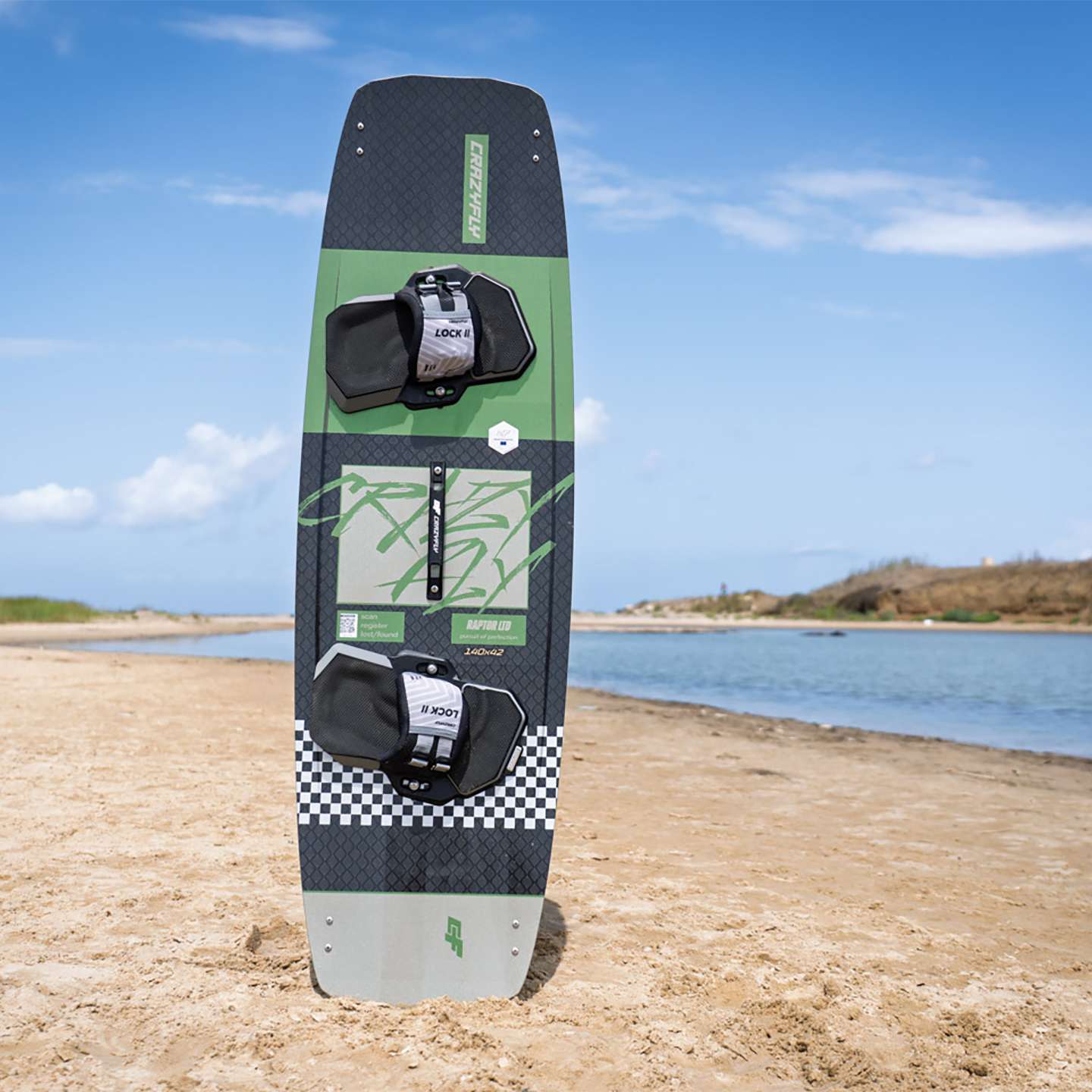 Crazyfly Raptor Ltd 2026 Kiteboard base view showing the underside graphics and board shape