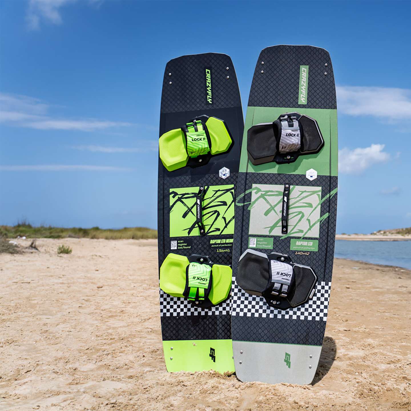 Crazyfly Raptor Ltd Neon 2026 Kiteboard base view showing the underside graphics and board shape
