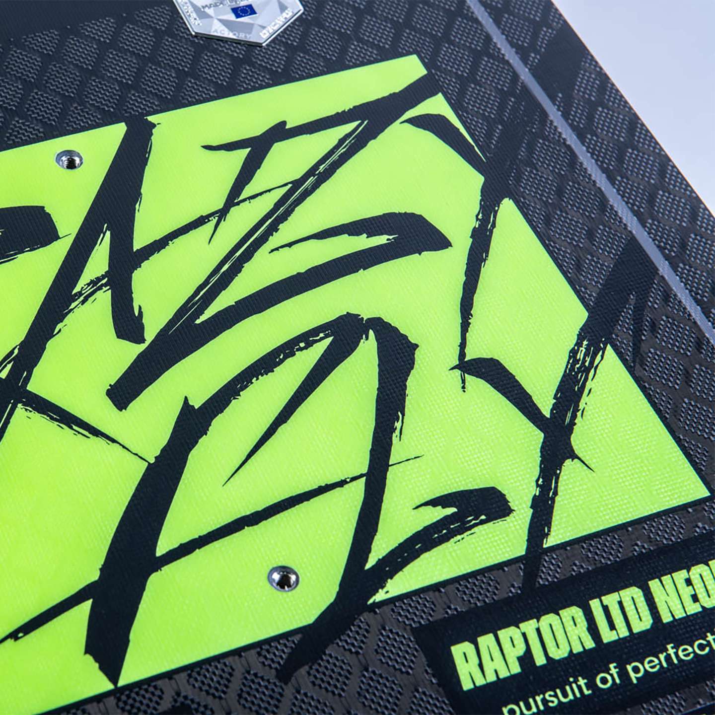 Crazyfly Raptor Ltd Neon 2026 Kiteboard close-up detail of the rail, tips and construction finish