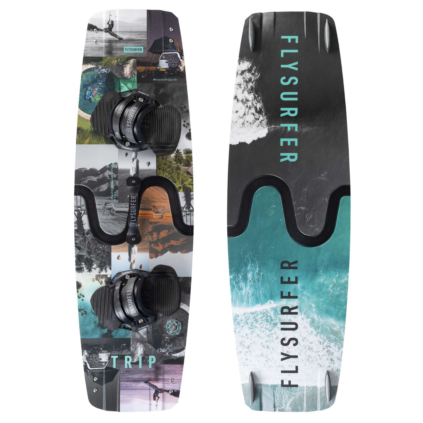 Flysurfer Trip 2 Kitesurf Board, bottom view showing the base shape and graphics