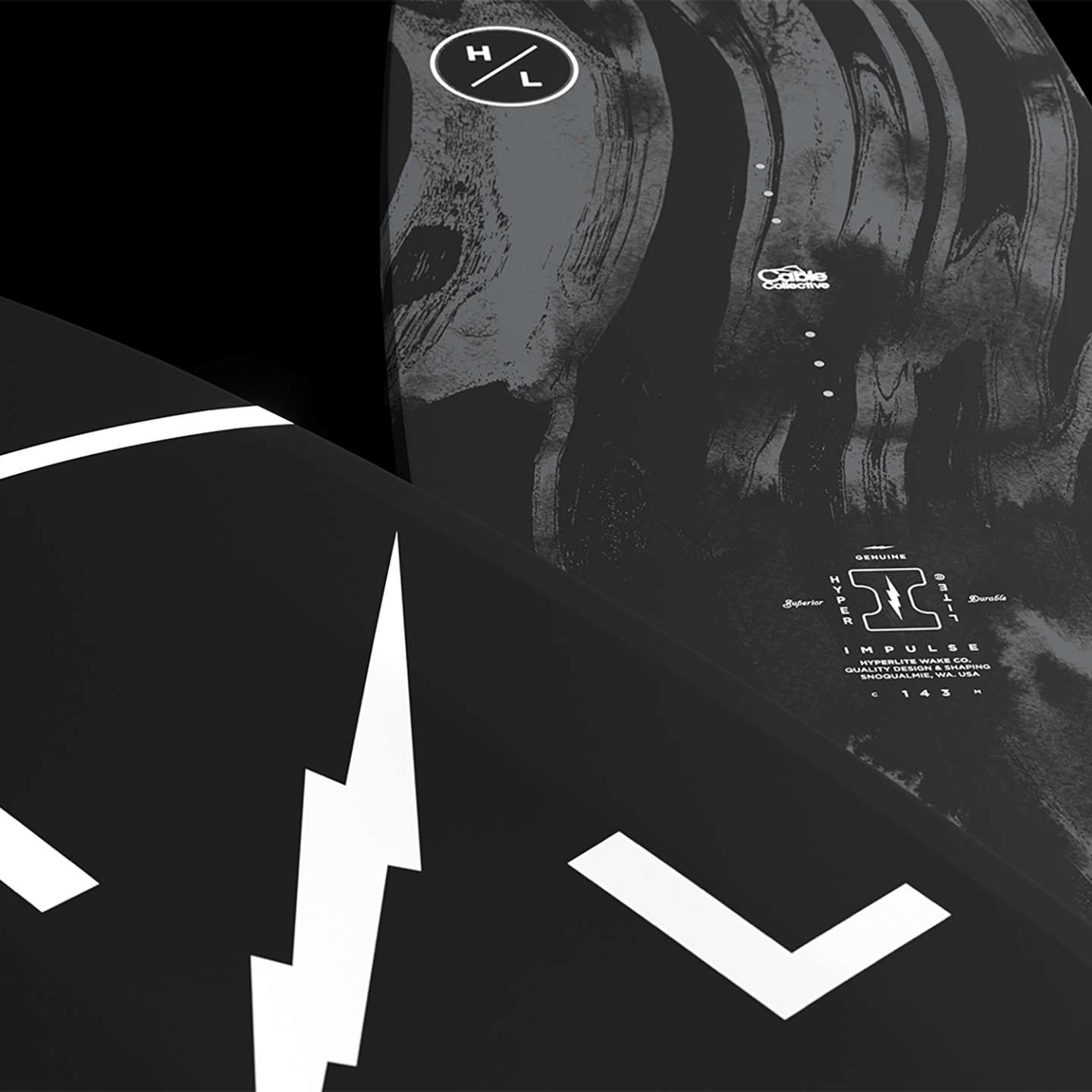 Hyperlite Impulse 2026 Wakeboard – detail view highlighting the wakeboard base, channels and fin area
