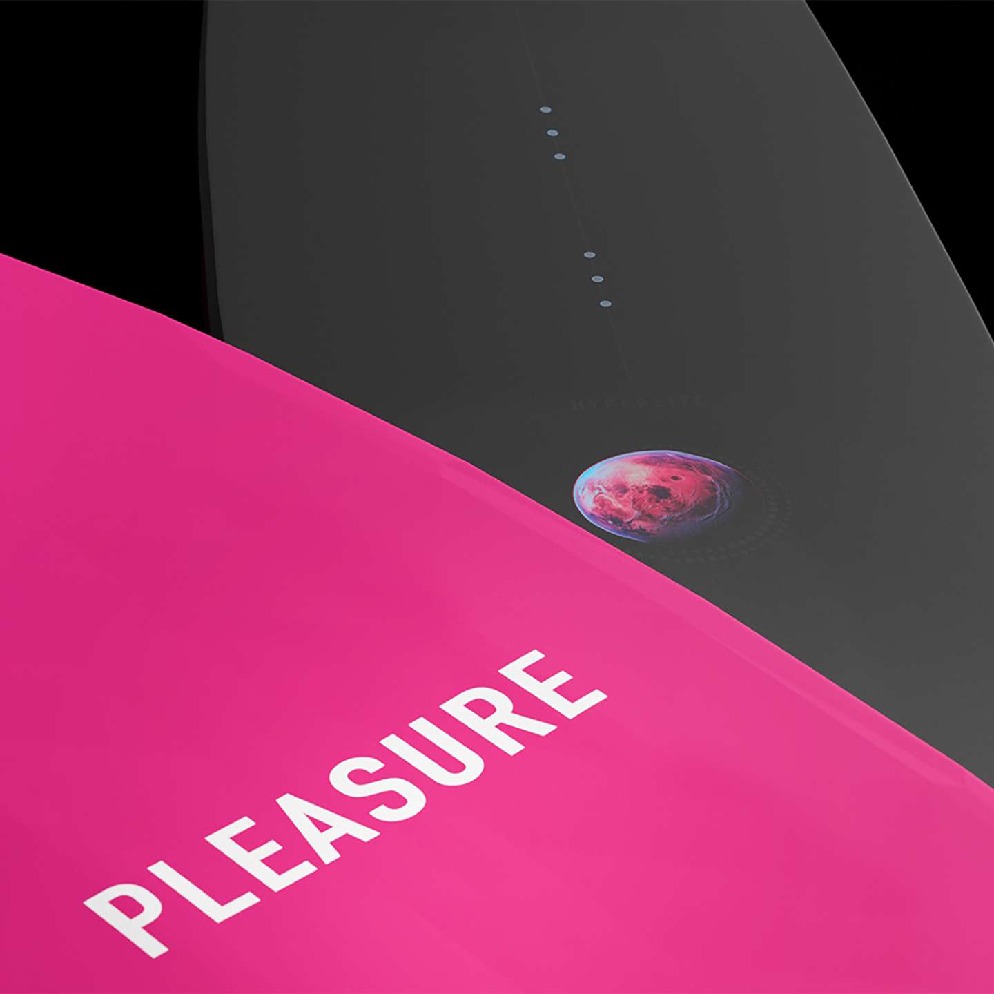 Hyperlite Pleasure 2026 Wakeboard – detail view highlighting the wakeboard base, channels and fin area