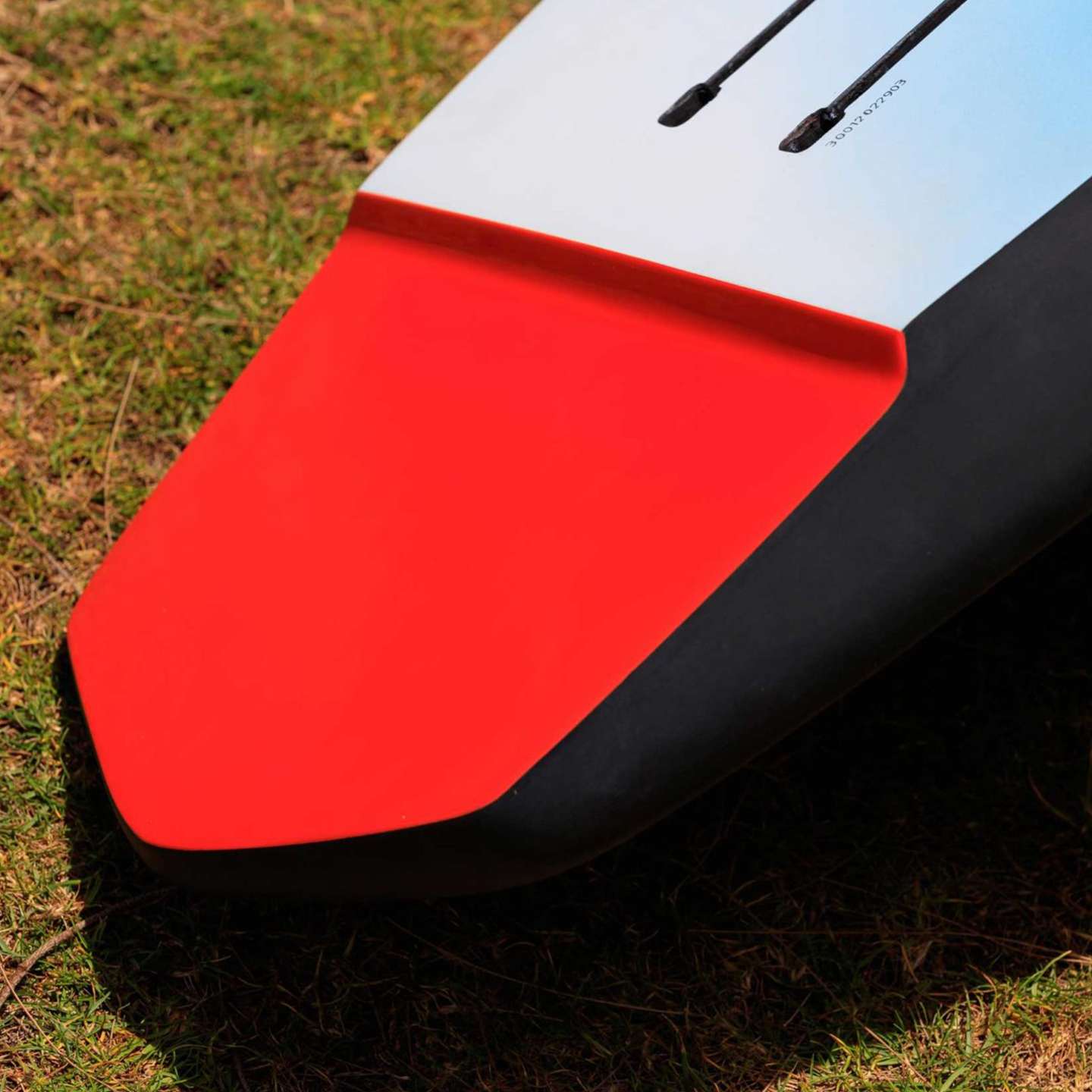JP Foil Surf Foil Board 2020 close-up action detail showing foil board stance, deck grip and on-water control