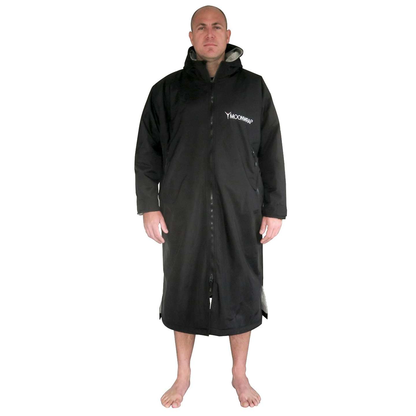 Moonwrap Long Sleeve Waterproof Changing Robe front view showing hood and full-length changing robe shape